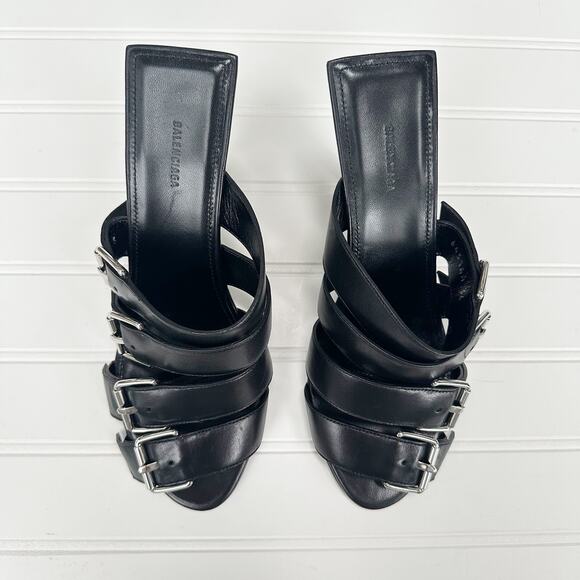 Balenciaga Black Leather Buckle Strappy Sandal Mule Stiletto Heel Slides 6 NEW - Picture 11 of 11